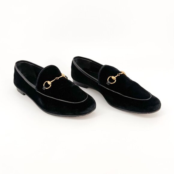 Gucci Jordaan Horsebit Loafer EU 39.5 US 9.5 Black Velvet Flat Buckle Shoe - Picture 1 of 12